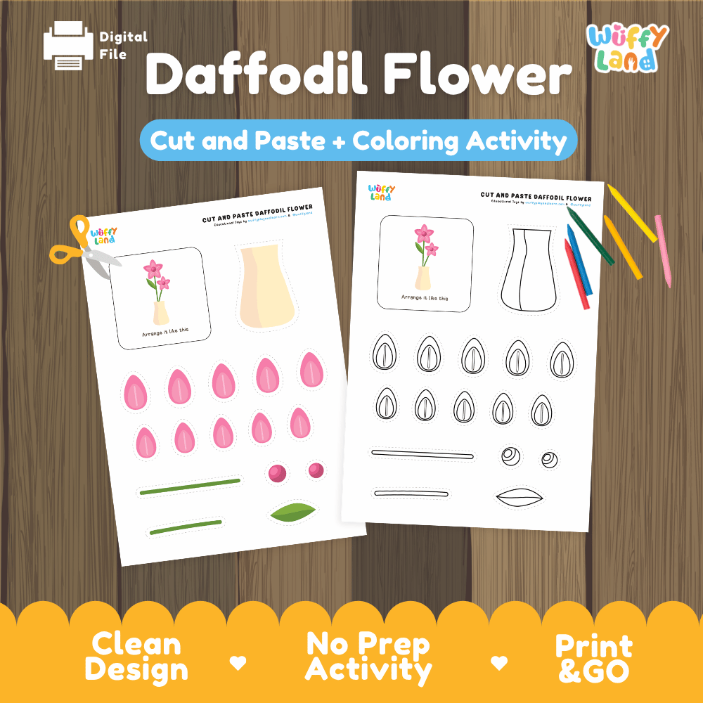 Daffodil Flower Cut and Paste Craft and Coloring Activity Worksheets