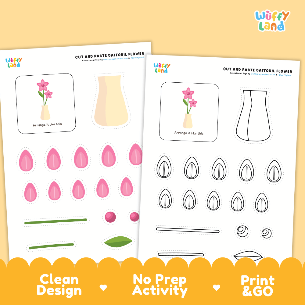 Daffodil Flower Cut and Paste Craft and Coloring Activity Worksheets
