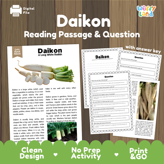 Daikon radish reading comprehension passage and questions printable activity pack with answer key for elementary students