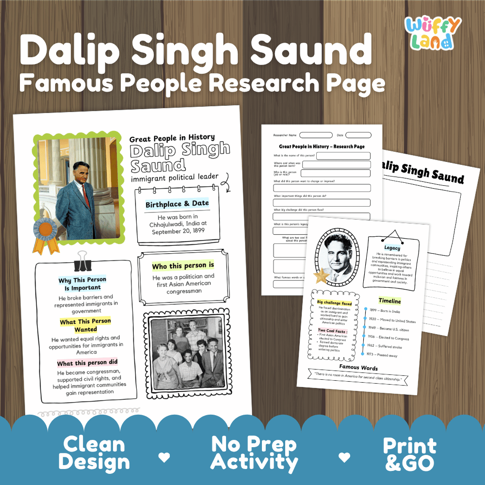 Dalip Singh Saund biography research worksheets pack featuring graphic organizers, timeline activity, and student writing template