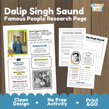 Dalip Singh Saund biography research worksheets pack featuring graphic organizers, timeline activity, and student writing template