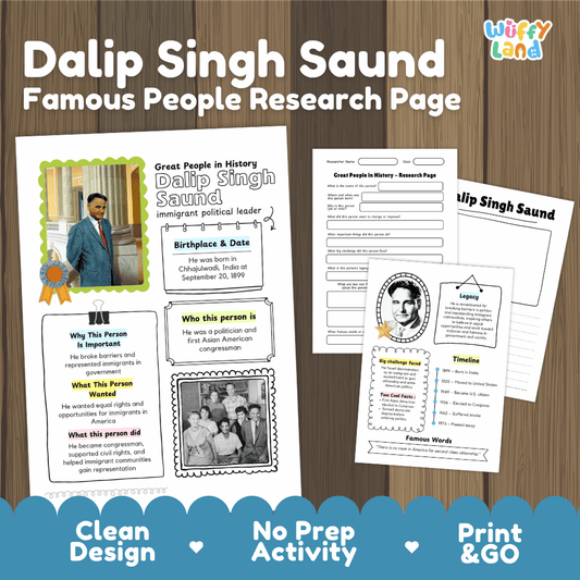 Dalip Singh Saund biography research worksheets pack featuring graphic organizers, timeline activity, and student writing template