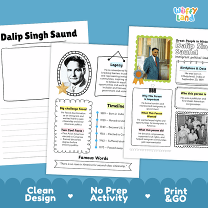Great People in History student fact profile card detailing Dalip Singh Saund's birthplace, congressional career, and civil rights achievements