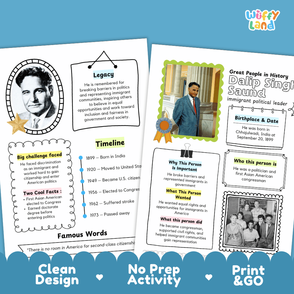 Educational biography summary worksheet featuring a chronological timeline, famous quote, and lined student writing page