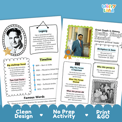 Educational biography summary worksheet featuring a chronological timeline, famous quote, and lined student writing page