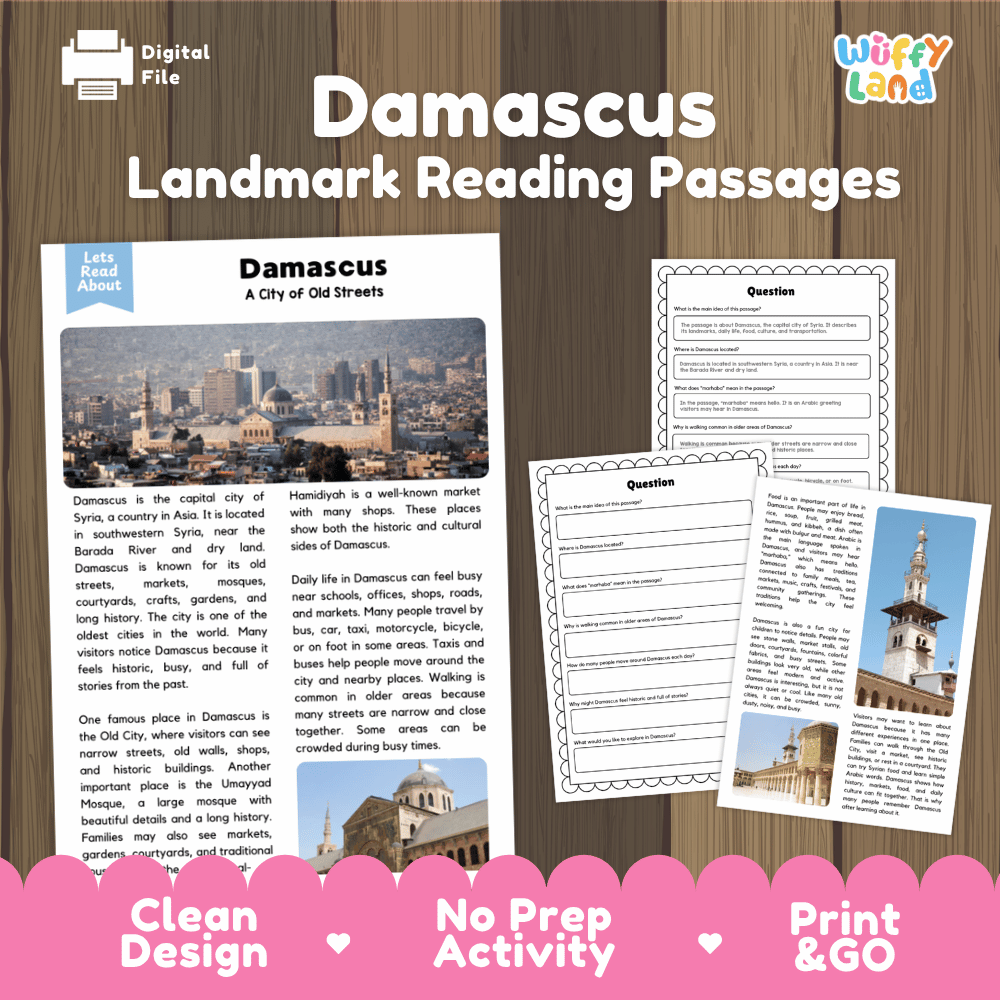 Damascus landmark reading passage and comprehension worksheet educational unit featuring nonfiction text and authentic Umayyad Mosque and Syrian cityscape photography