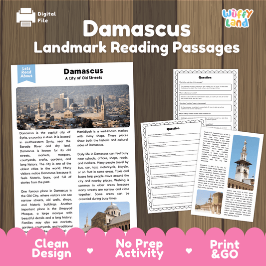 Damascus landmark reading passage and comprehension worksheet educational unit featuring nonfiction text and authentic Umayyad Mosque and Syrian cityscape photography