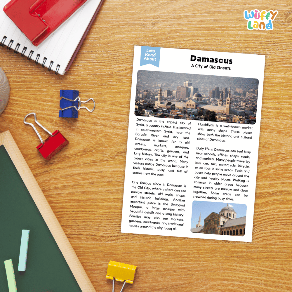 Lined reading comprehension question worksheet covering main ideas vocabulary terms and landmark facts about Damascus Syria