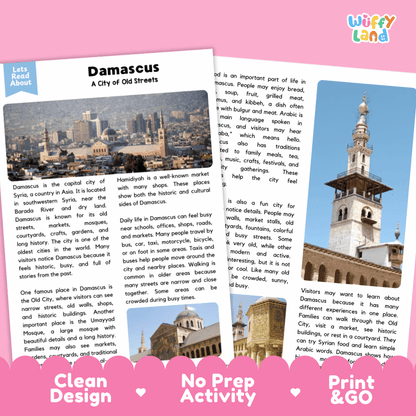 Reference sheet and answer key for Damascus landmark reading passage displaying completed comprehension answers and Middle Eastern geography facts