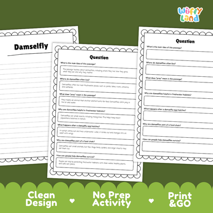 Damselfly Reading Passage and Questions Worksheets with Answer Key