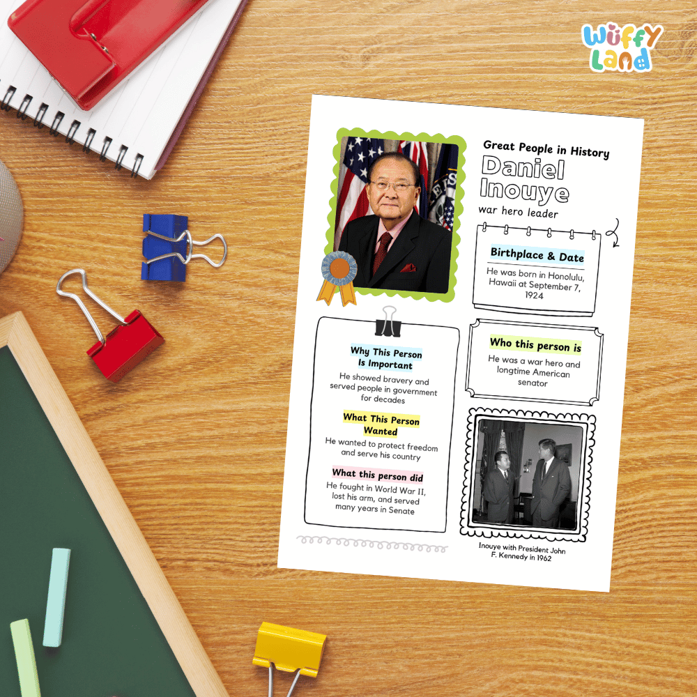 Guided research question worksheet organizer for students to research facts, challenges, and the legacy of Daniel Inouye