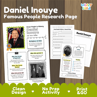 Daniel Inouye biography research worksheets pack featuring graphic organizers, timeline activity, and student writing template