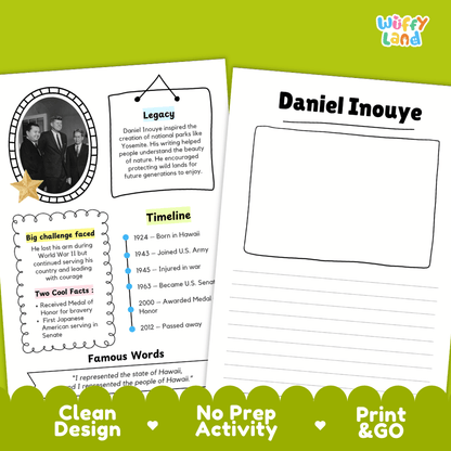 Educational biography summary worksheet featuring a chronological timeline, famous quote, and lined student writing page