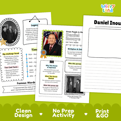 Great People in History student fact profile card detailing Daniel Inouye's birthplace, military heroism, and Senate achievements