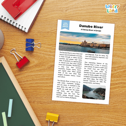 Lined reading comprehension question worksheet covering main ideas vocabulary terms and landmark facts about the Danube River