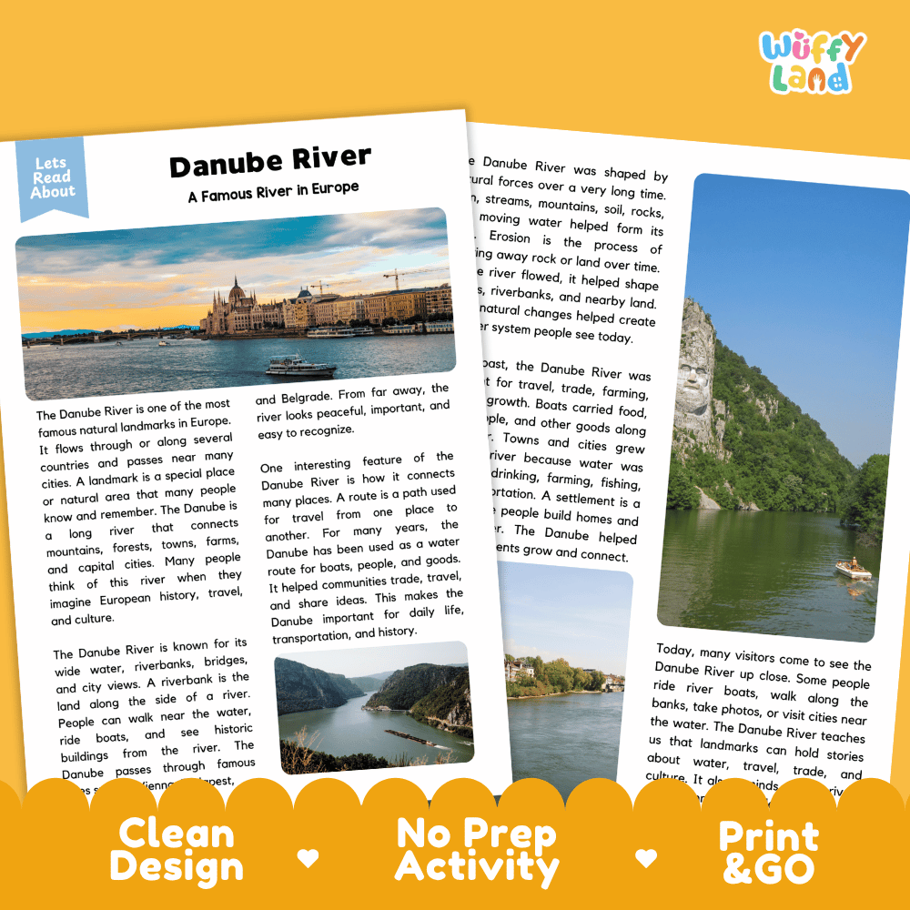 Reference sheet and answer key for Danube River landmark reading passage displaying completed comprehension answers and European geography facts
