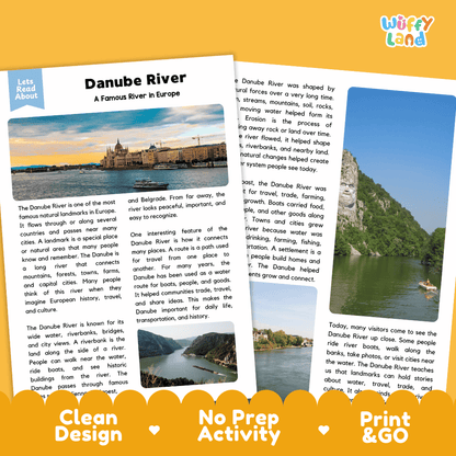 Reference sheet and answer key for Danube River landmark reading passage displaying completed comprehension answers and European geography facts