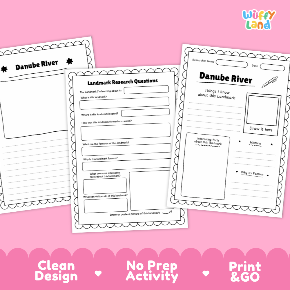 Three printable worksheet pages about the Danube River are shown on a pink background with promotional text along the bottom. The sheets include labeled sections such as 'Danube River,' 'Landmark Research Questions,' and writing/drawing prompts.