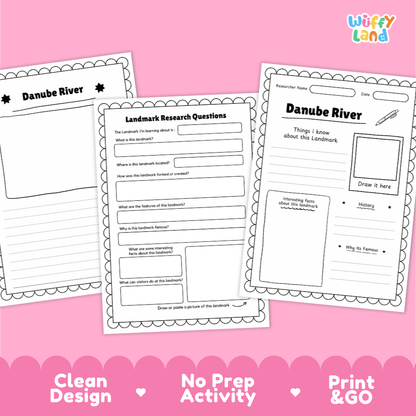 Three printable worksheet pages about the Danube River are shown on a pink background with promotional text along the bottom. The sheets include labeled sections such as 'Danube River,' 'Landmark Research Questions,' and writing/drawing prompts.