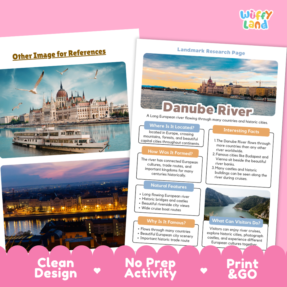 Two educational activity cards for a Danube River geography lesson, displayed on a pink background with a decorative banner reading 'Other Image for References' and 'Clean Design No Prep Activity Print & GO'. The left card features a scenic photograph of the Budapest skyline, and the right card is a white worksheet titled 'Landmark Research Page' with text and fact boxes about the Danube River.
