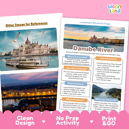 Two educational activity cards for a Danube River geography lesson, displayed on a pink background with a decorative banner reading 'Other Image for References' and 'Clean Design No Prep Activity Print & GO'. The left card features a scenic photograph of the Budapest skyline, and the right card is a white worksheet titled 'Landmark Research Page' with text and fact boxes about the Danube River.