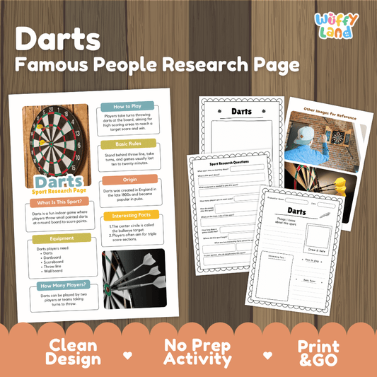 A product listing graphic for a 'Darts Famous People Research Page' activity kit by Wiffly Land. The graphic shows several printed worksheet pages laid out on a wood-grain background, with promotional text at the top and bottom highlighting features like 'Clean Design', 'No Prep Activity', and 'Print & GO'.