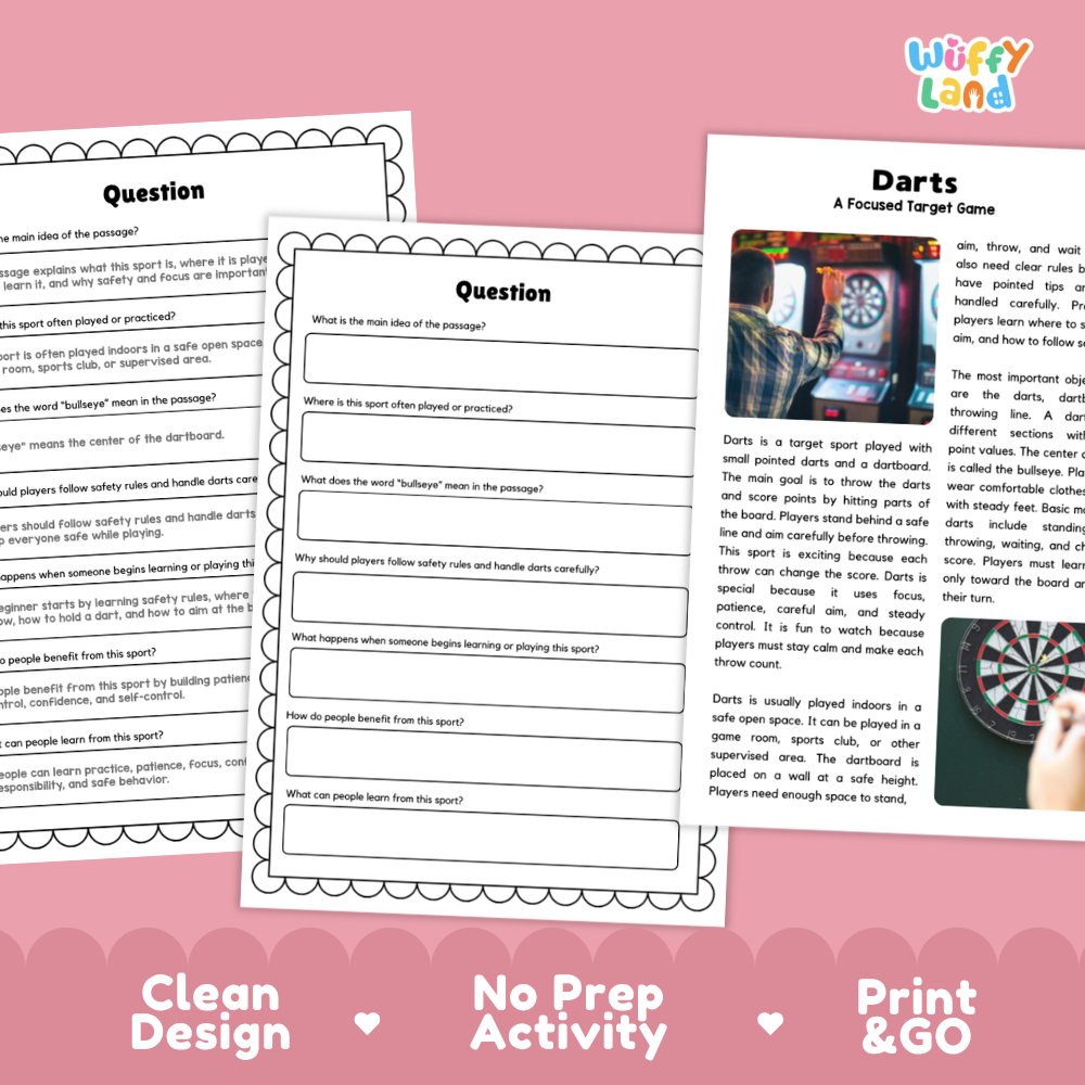 Printable activity sheets for a darts-themed lesson, featuring a 'Question' worksheet, a 'Darts A Focused Target Game' activity sheet, and a product photo of a dartboard. The sheets are styled on a white background with a pink banner at the bottom that reads 'Clean Design', 'No Prep Activity', and 'Print & GO'.