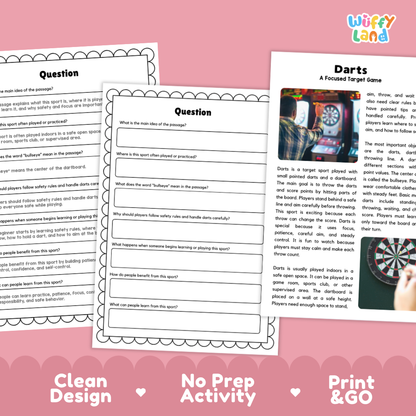Printable activity sheets for a darts-themed lesson, featuring a 'Question' worksheet, a 'Darts A Focused Target Game' activity sheet, and a product photo of a dartboard. The sheets are styled on a white background with a pink banner at the bottom that reads 'Clean Design', 'No Prep Activity', and 'Print & GO'.