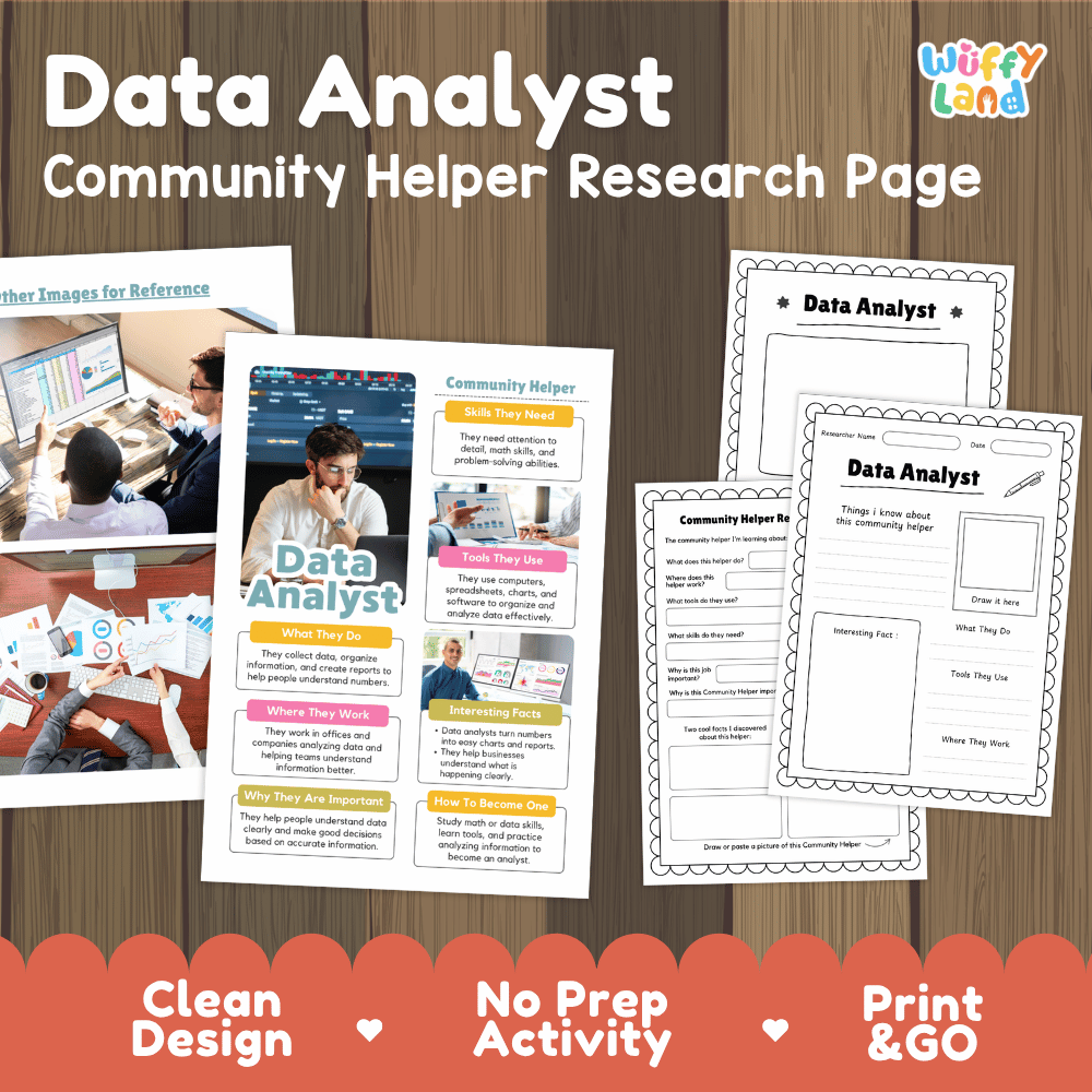Data analyst community helper research page writing worksheets pack featuring real photos and student activity pages for elementary social studies and STEM
