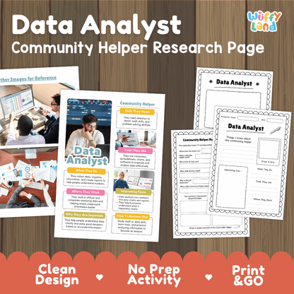 Data analyst community helper research page writing worksheets pack featuring real photos and student activity pages for elementary social studies and STEM