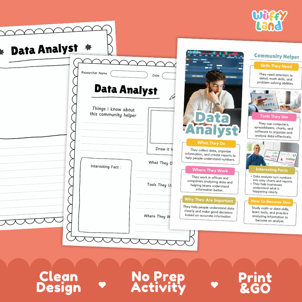 Educational reference poster with real photography showing data analyst duties, spreadsheet and chart tools, office workplace, and interesting facts