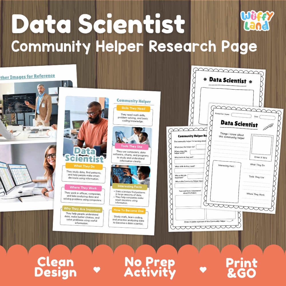 Data scientist community helper research page writing worksheets pack featuring real photos and student activity pages for elementary social studies and STEM