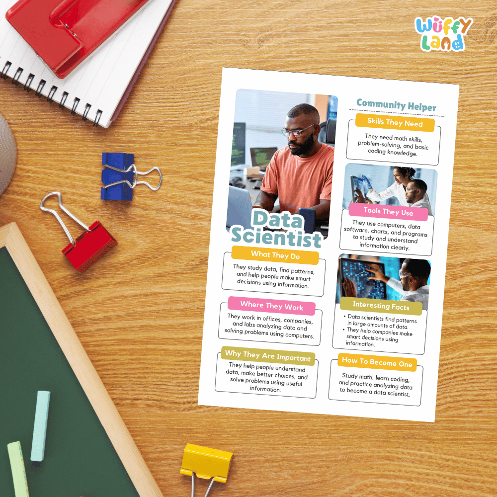 Guided student writing worksheets with lined sections for recording facts and a dedicated box for drawing or pasting a picture of a data scientist