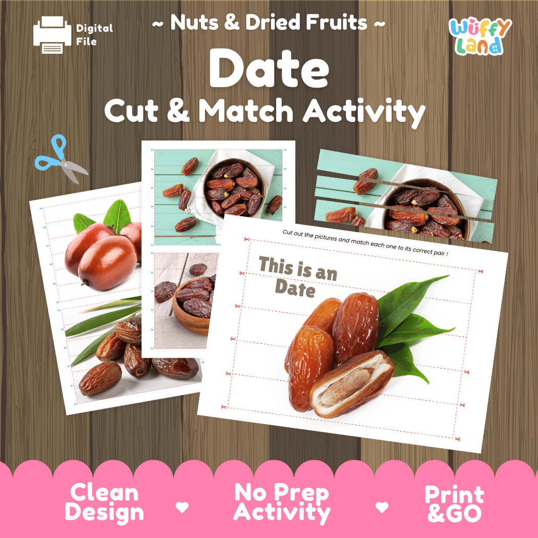 Date Cut and Match Activity Worksheets | Nuts and Dried Fruits Puzzle Printables