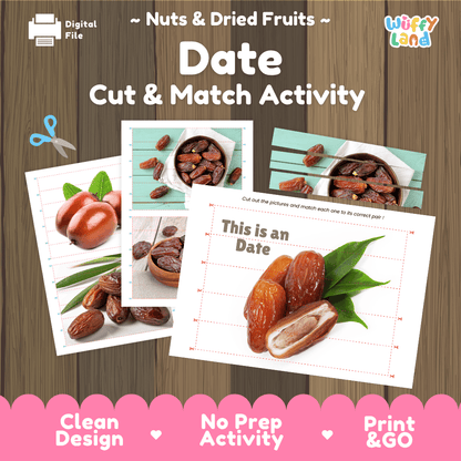 Date Cut and Match Activity Worksheets | Nuts and Dried Fruits Puzzle Printables