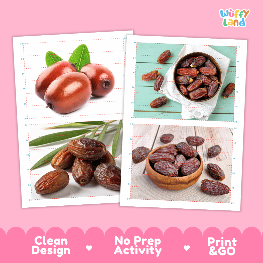 Date Cut and Match Activity Worksheets | Nuts and Dried Fruits Puzzle Printables