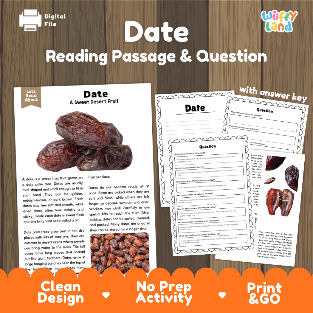 Digital reading activity sheet set titled 'Date Reading Passage & Question' on a wood background. The image shows the main printable passage, several worksheet pages with question areas, a small 'Let's Talk About' panel, and promotional text at the bottom reading 'Clean Design', 'No Prep Activity', and 'Print & GO'.