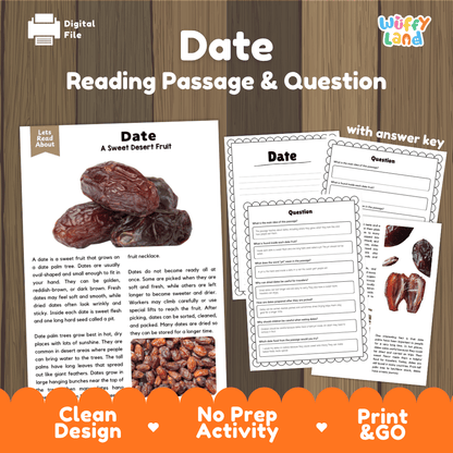 Digital reading activity sheet set titled 'Date Reading Passage & Question' on a wood background. The image shows the main printable passage, several worksheet pages with question areas, a small 'Let's Talk About' panel, and promotional text at the bottom reading 'Clean Design', 'No Prep Activity', and 'Print & GO'.