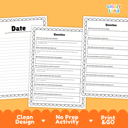 Three printable worksheet pages for date-themed reading comprehension activities, shown on an orange background with promotional text reading 'Clean Design', 'No Prep Activity', and 'Print & GO'. The top right corner shows the brand name 'Wiffly Land'.