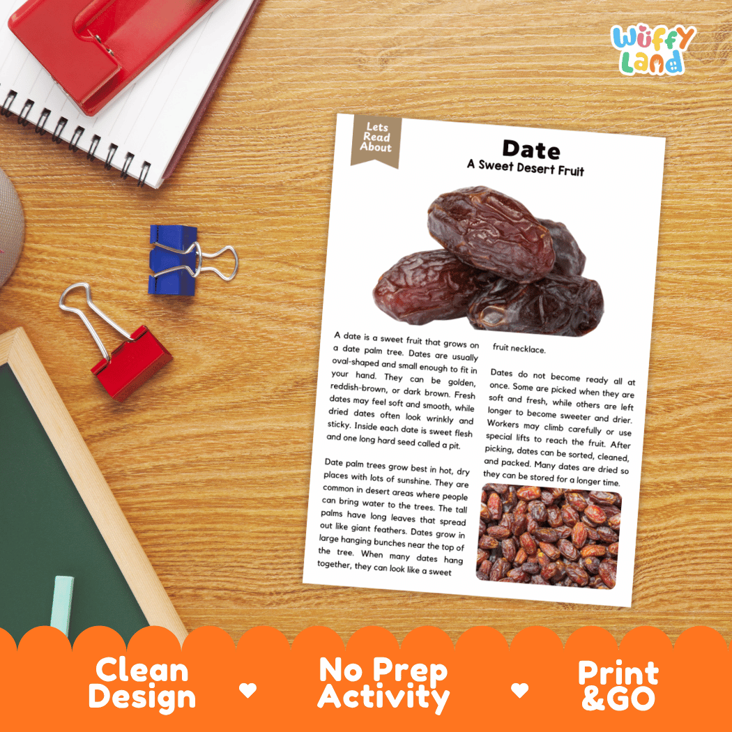 An educational activity sheet titled 'Date: A Sweet Dessert Fruit' by Wiffly Land, displayed on a wooden desk with a red notebook, blue and red binder clips, and a pencil. The sheet features text, a small diagram, and a photo of dried dates.