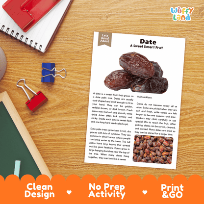 An educational activity sheet titled 'Date: A Sweet Dessert Fruit' by Wiffly Land, displayed on a wooden desk with a red notebook, blue and red binder clips, and a pencil. The sheet features text, a small diagram, and a photo of dried dates.