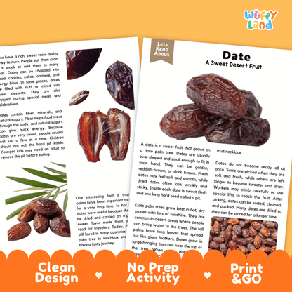 An educational activity booklet page from 'Wuffly Land' titled 'Date: A Sweet Desert Fruit', featuring a photo of a woman holding a date palm tree, text descriptions, and an orange banner at the bottom reading 'Clean Design', 'No Prep Activity', and 'Print & GO'.