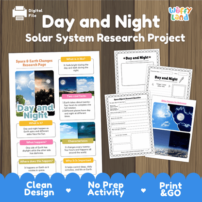 Day and Night Solar System Research Project Worksheets and Fact Sheet