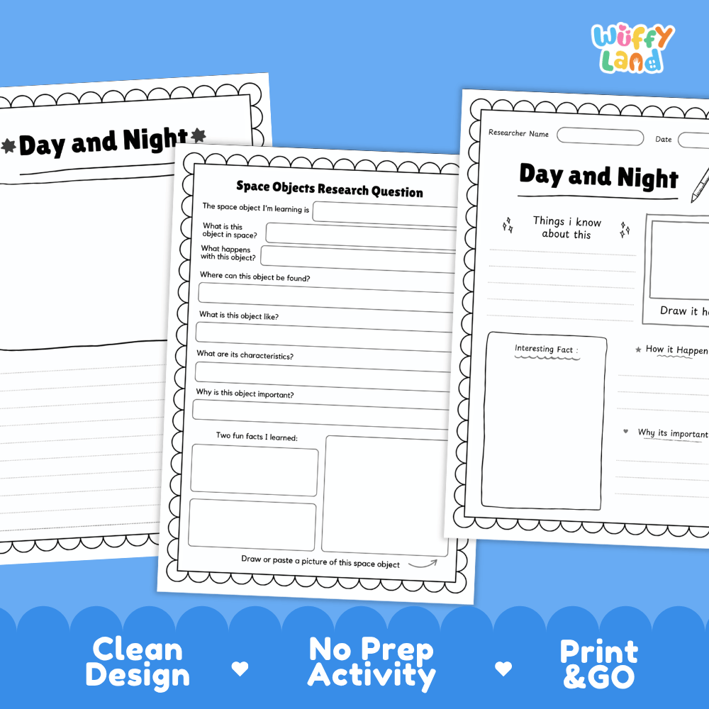 Day and Night Solar System Research Project Worksheets and Fact Sheet
