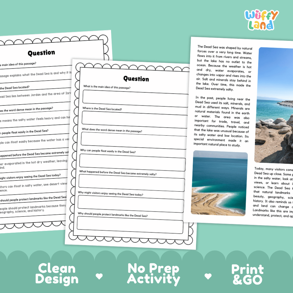 Dead Sea Landmark Reading Passages and Comprehension Worksheets