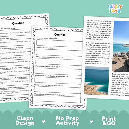 Dead Sea Landmark Reading Passages and Comprehension Worksheets