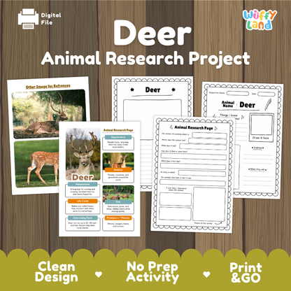 Digital preview of a 'Deer Animal Research Project' activity sheet set by Wiffly Land, displayed on a wood-grain background with feature badges at the bottom.
