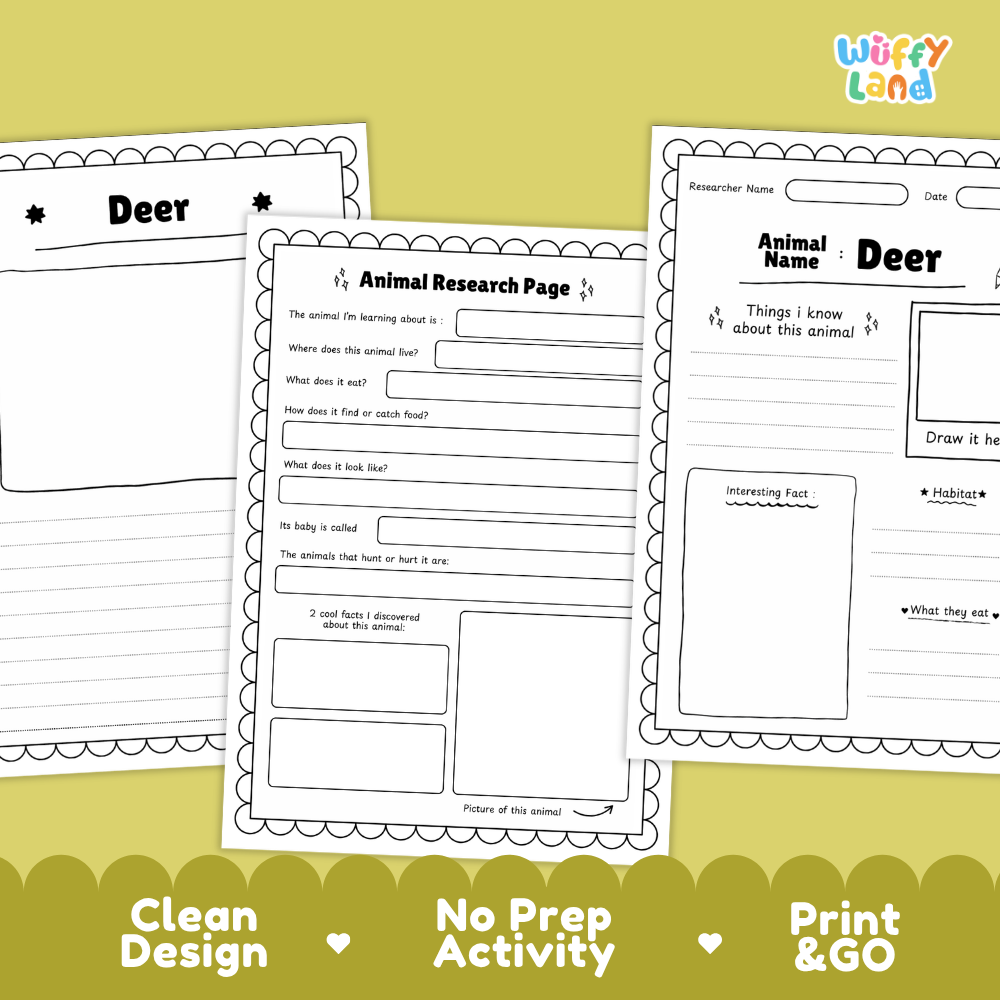 Three printable worksheet pages for deer animal research and writing are displayed on a yellow background with promotional text at the bottom. The pages are black and white with scalloped borders and sections for writing, drawing, and fact boxes.