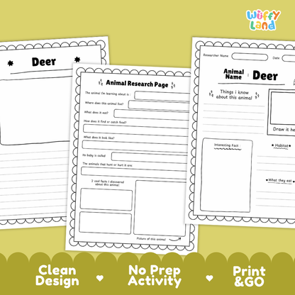 Three printable worksheet pages for deer animal research and writing are displayed on a yellow background with promotional text at the bottom. The pages are black and white with scalloped borders and sections for writing, drawing, and fact boxes.