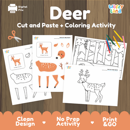 Deer Cut and Paste Craft and Coloring Pages Activity Worksheets
